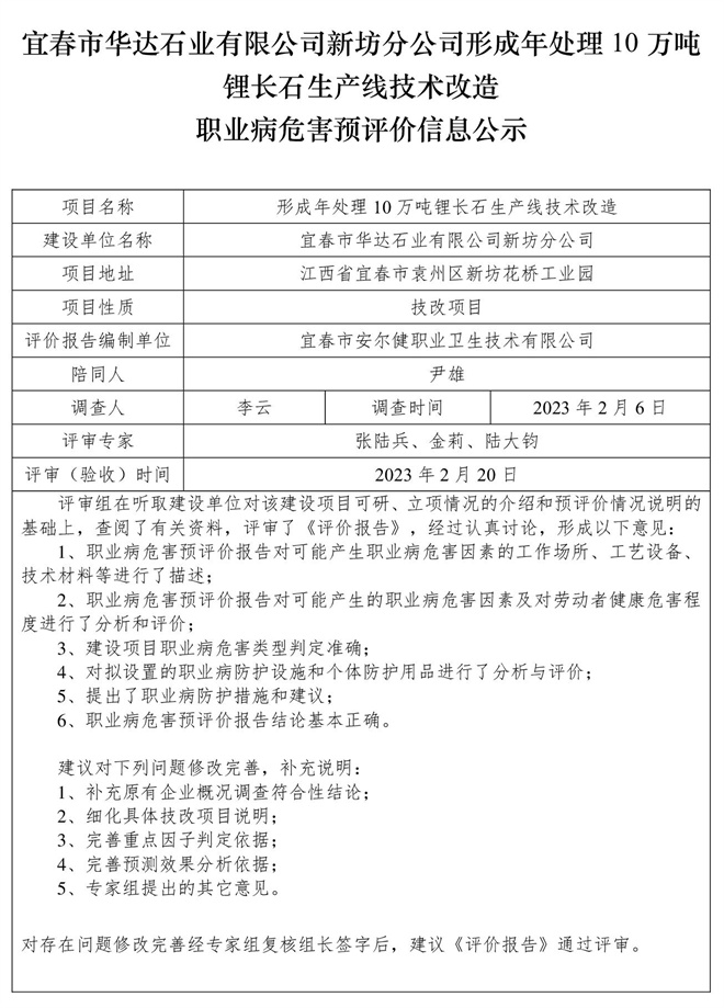 宜春市华达石业有限公司新坊分公司形成年处理10万吨锂长石生产线技术改造职业病危害预评价信息公示.jpg