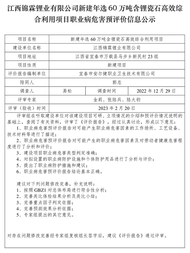 江西锦霖锂业有限公司新建年选60万吨含锂瓷石高效综合利用项目职业病危害预评价信息公示.jpg