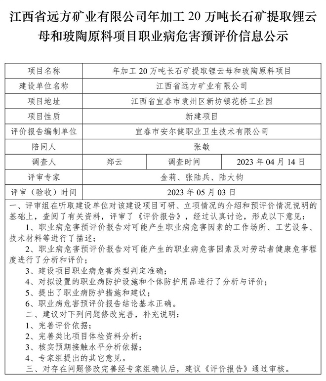 （预评价信息公示）江西省远方矿业有限公司年加工20万吨长石矿提取锂云母和玻陶原料项目职业病危害.jpg